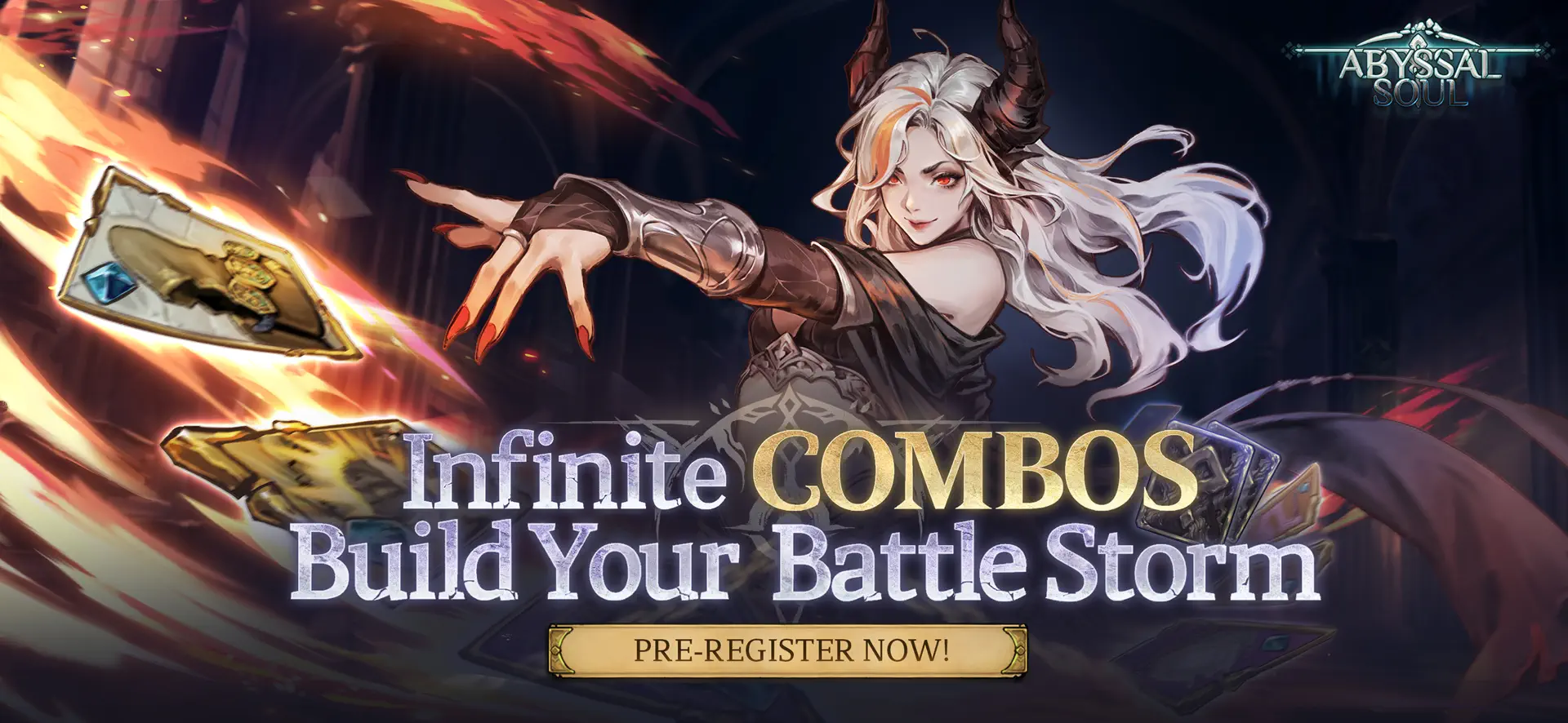 Abyssal Soul key art: the game logo above a horned spellcaster surrounded by flying cards