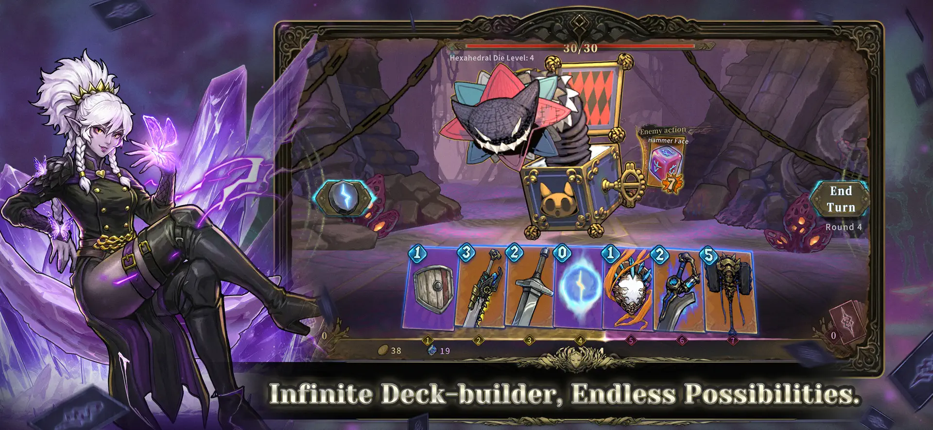 Abyssal Soul combat: a boss enemy above a hand of seven numbered cards with an End Turn button and an enemy action telegraph