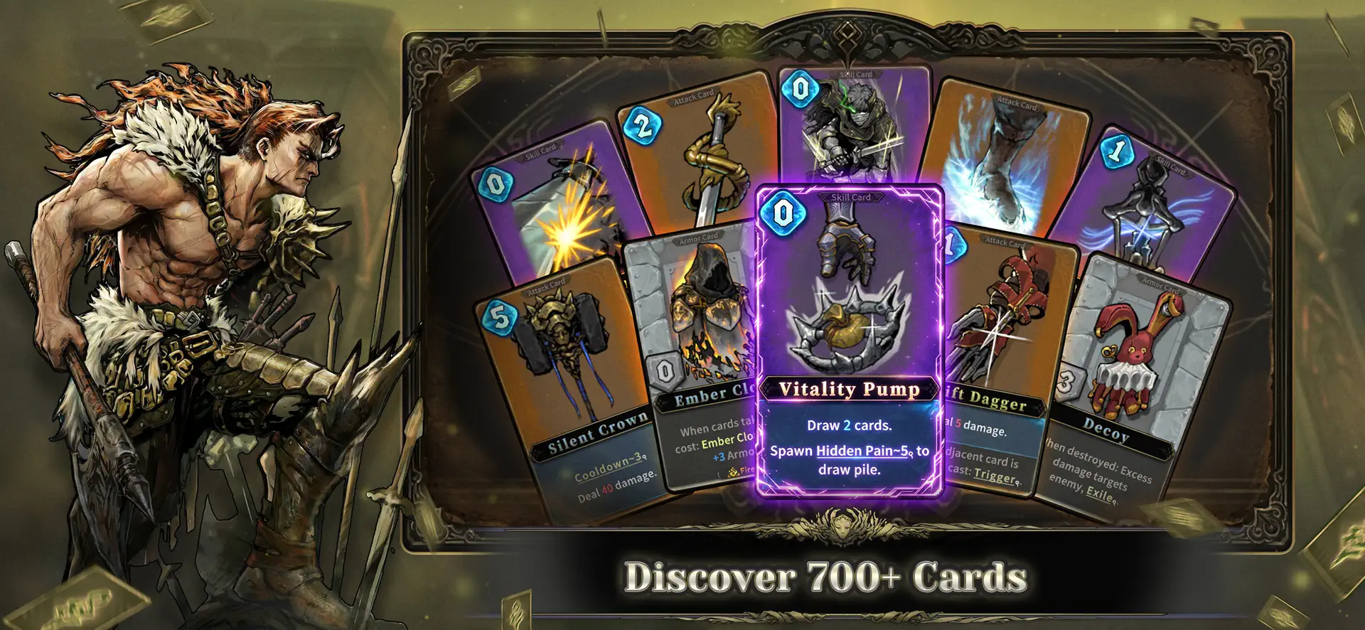 A fan of Abyssal Soul cards including Vitality Pump, Silent Crown, Ember Cloak, and Decoy with skill text
