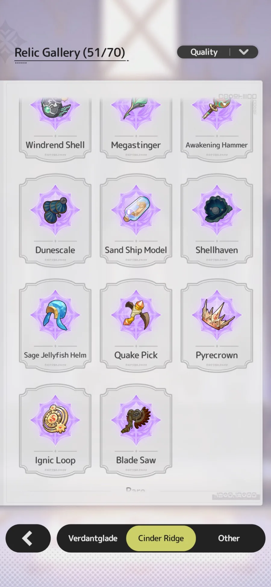 Relic Gallery showing 51 of 70 relics collected, with several Cinder Ridge entries greyed out