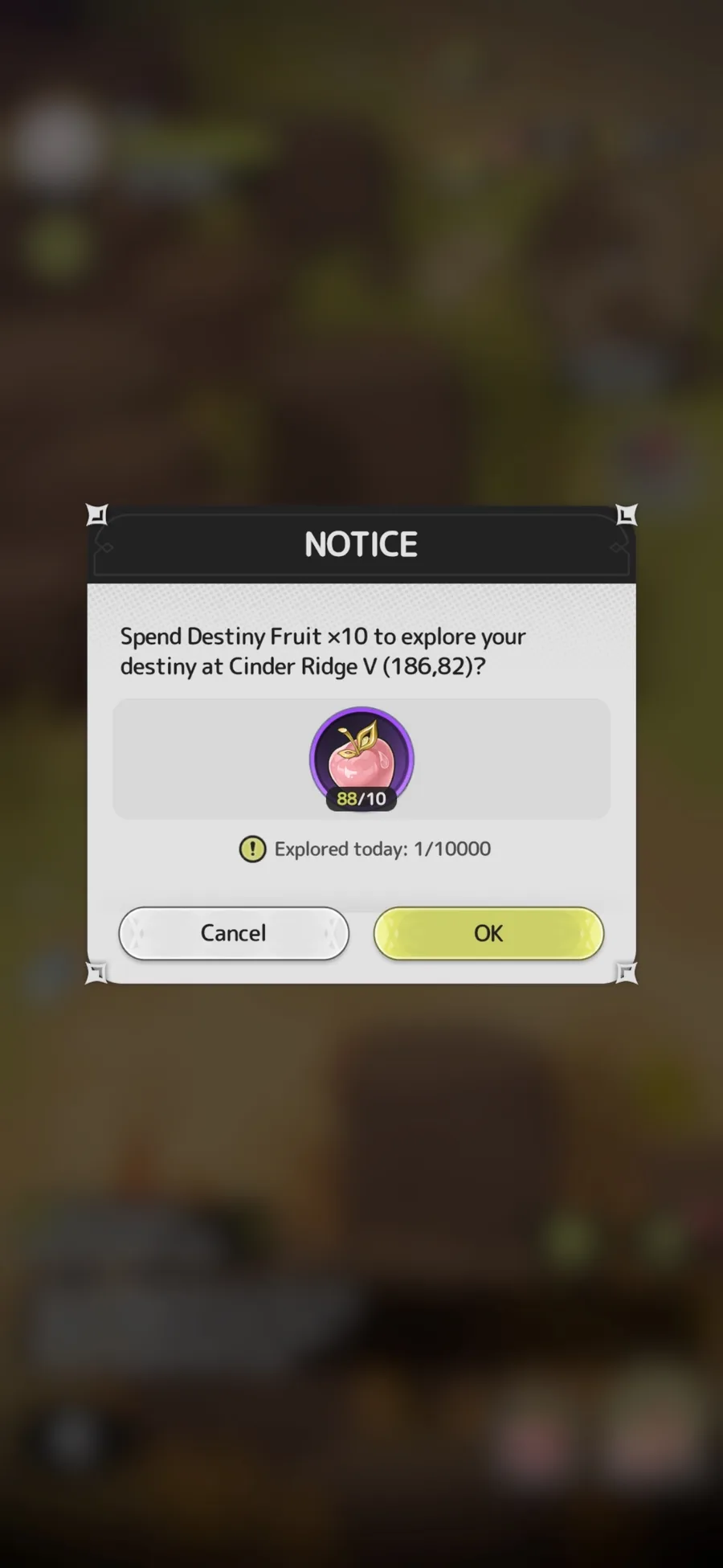 In-game confirmation dialog for spending Destiny Fruit at a Destiny Exploration location